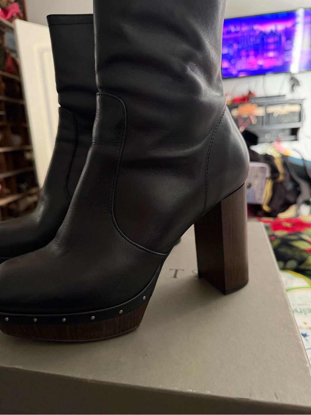 AllSaints Black Platform Zip-Up Heeled Boots - Picture 2 of 6